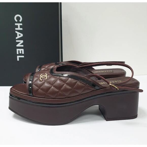 Chanel Burgundy Quilted Platform Slingback Sandals 40.5 - Picture 4 of 11